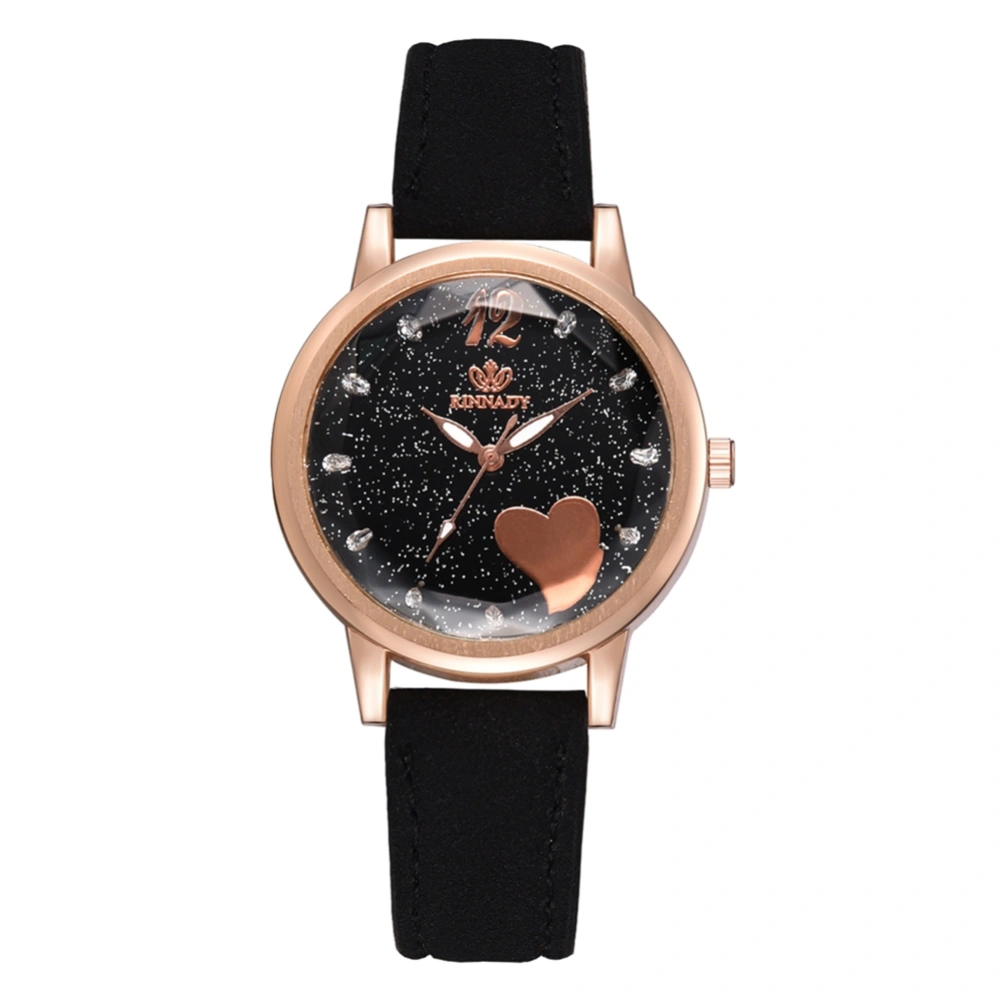 Fashion PU Leather Band Quartz Watch Rhinestone Starry Sky Pattern Dial Female Watch (Black)