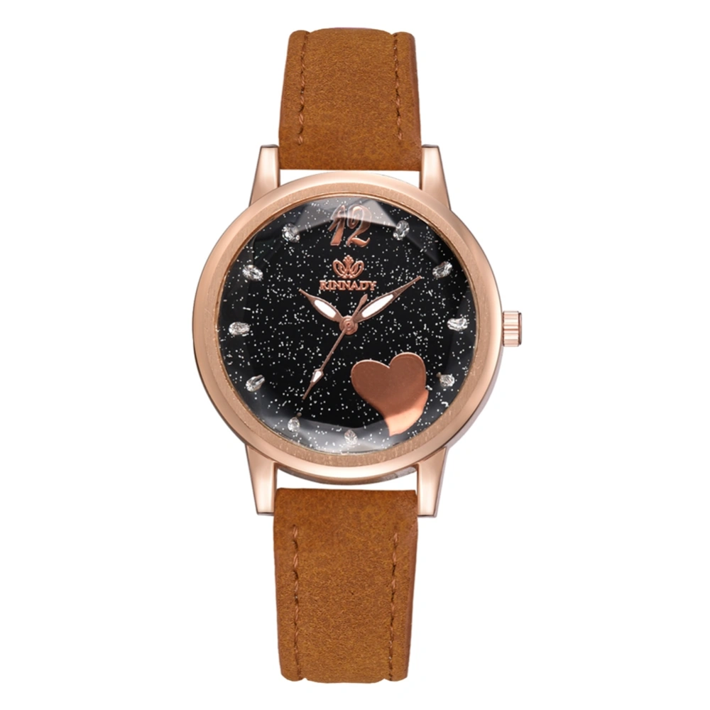 Fashion PU Leather Band Quartz Watch Rhinestone Starry Sky Pattern Dial Female Watch (Coffee)