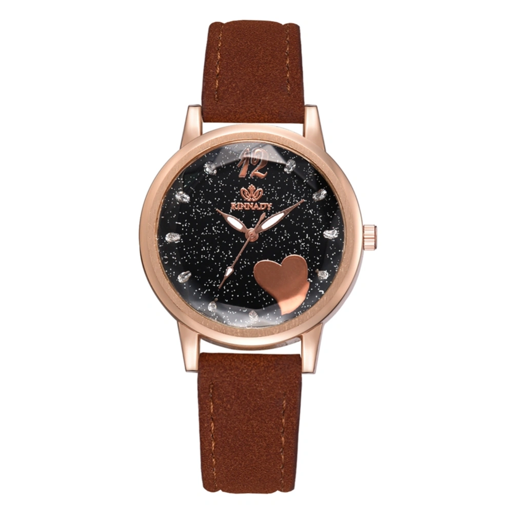 Fashion PU Leather Band Quartz Watch Rhinestone Starry Sky Pattern Dial Female Watch (Brown)