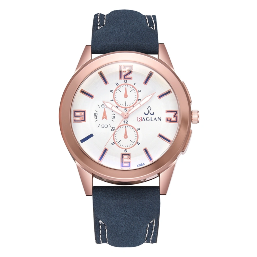 Casual Men Rose Gold Case Alloy Quartz Watch Male PU Strap Wristwatch (Blue)