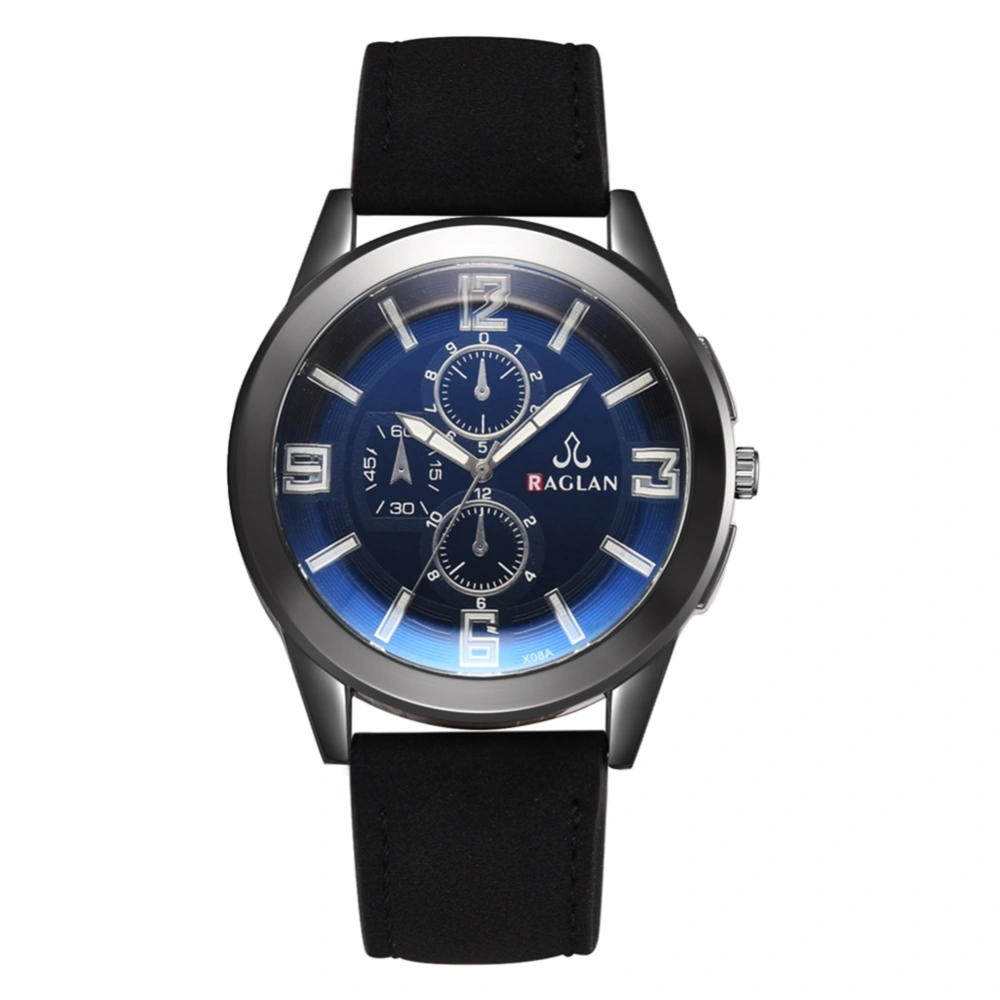 Casual Men Round Dial Alloy Quartz Watch Male PU Strap Wristwatch (Black Strap Blue Dial)