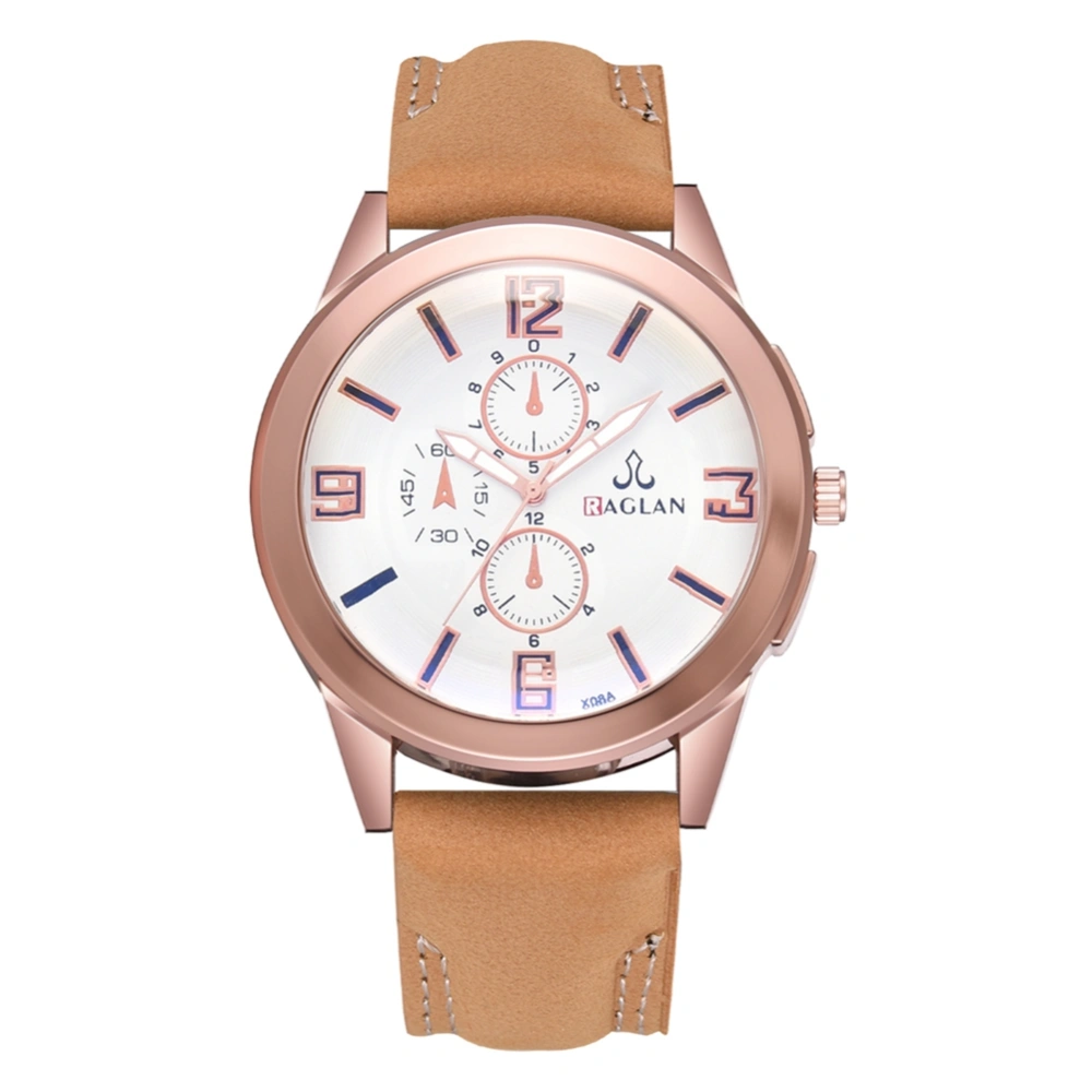 Casual Men Rose Gold Case Alloy Quartz Watch Male PU Strap Wristwatch (Coffee)