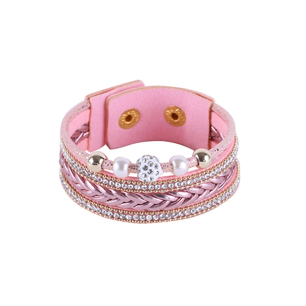 Fashion Ethnic Style Beads Press Buckle Bangle Bracelet Hand Jewelry Gift Accessories Pink