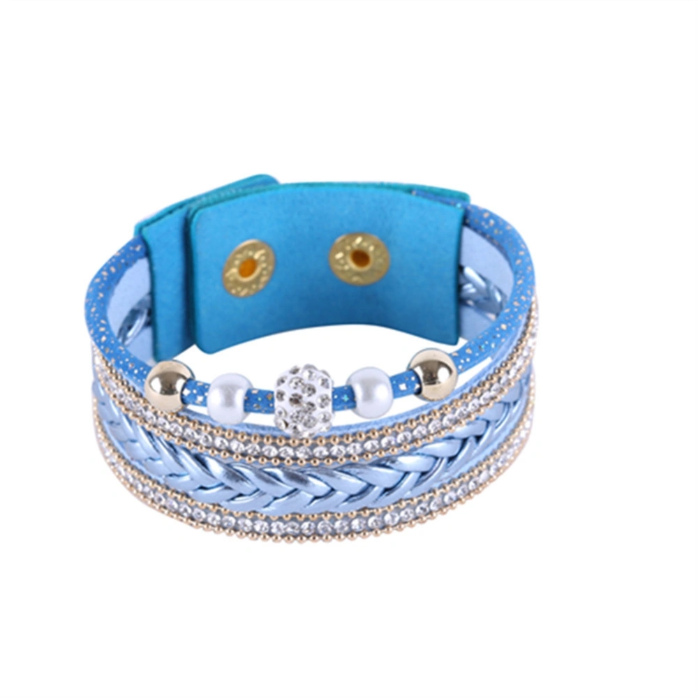 Fashion Ethnic Style Beads Press Buckle Bangle Bracelet Hand Jewelry Gift Accessories Blue