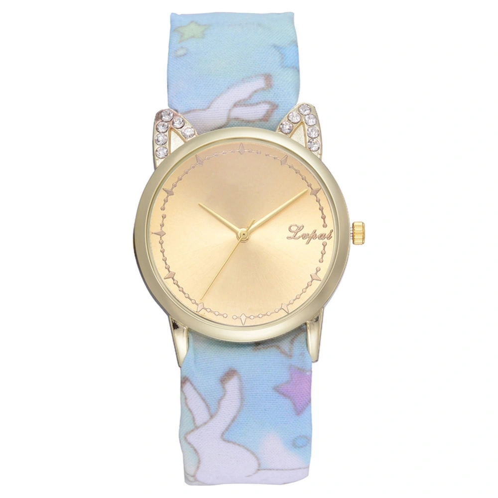 LVPAI Fashionable Casual Printing Cloth Bandage Cat Rhinestones Women Quartz Watch Skyblue