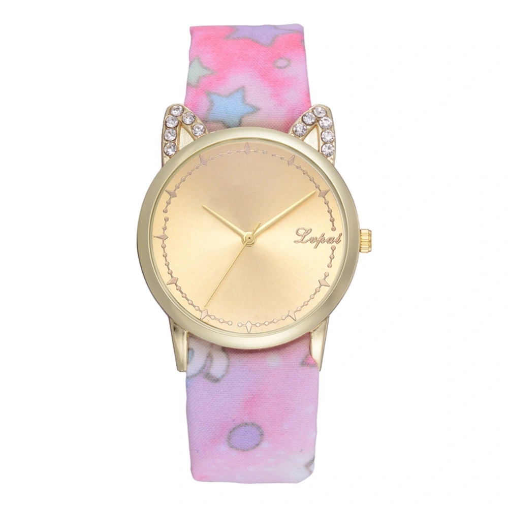 LVPAI Fashionable Casual Printing Cloth Bandage Cat Rhinestones Women Quartz Watch Pink