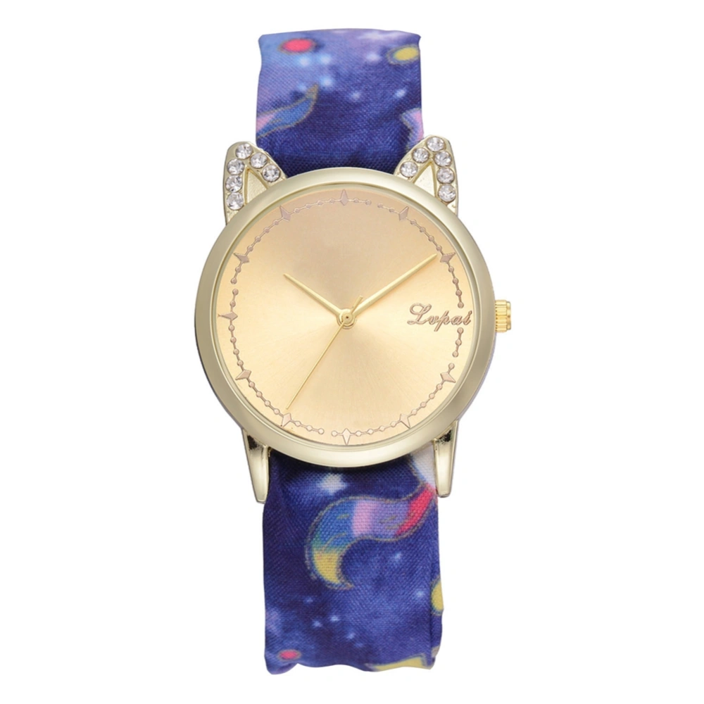 LVPAI Fashionable Casual Printing Cloth Bandage Cat Rhinestones Women Quartz Watch Blue