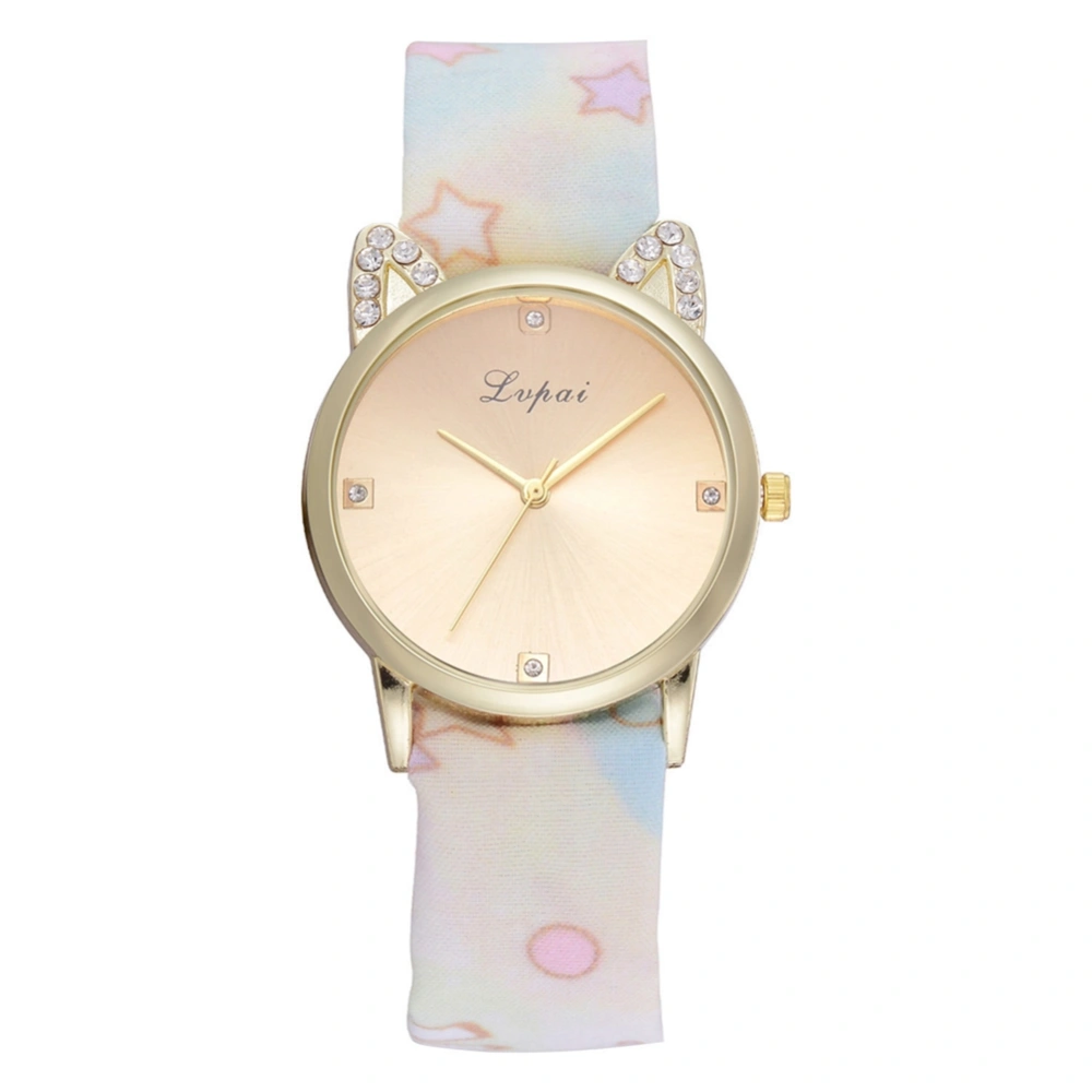 LVPAI Fashionable Casual Printing Cloth Bandage Cat Rhinestones Women Quartz Watch White