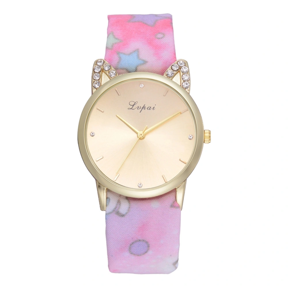 LVPAI Fashionable Casual Printing Cloth Bandage Cat Rhinestones Women Quartz Watch Pink