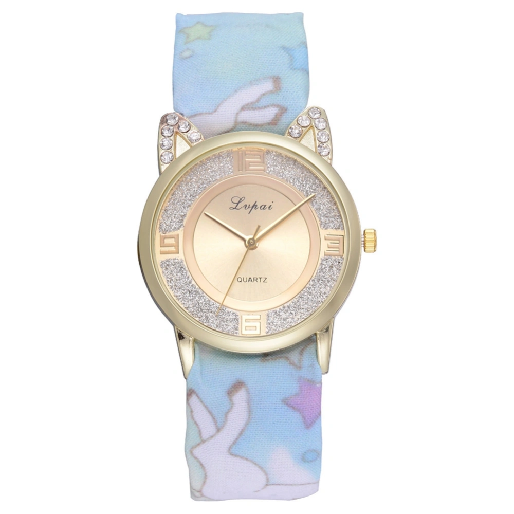 LVPAI Simple Fashionable Casual Printing Cloth Bandage Cat Rhinestones Women Watch Skyblue