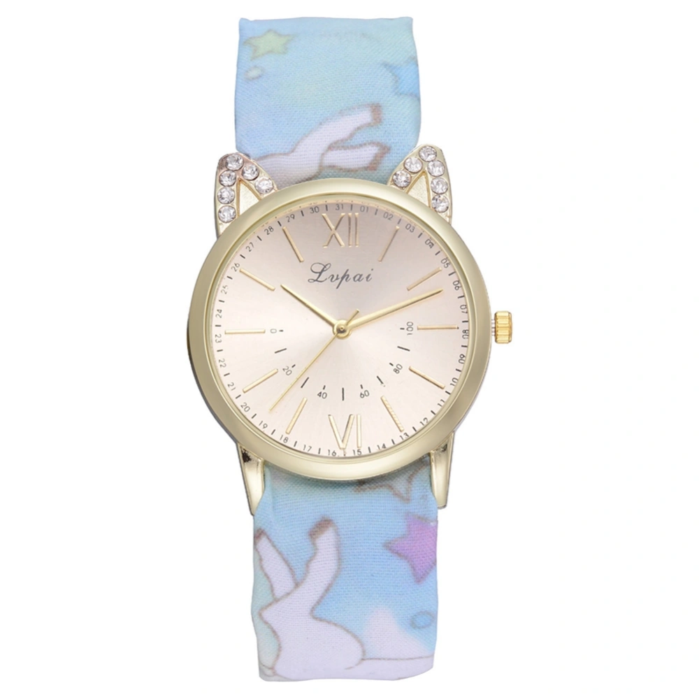 LVPAI Cloth Strap Floral Print Band Quartz Watch Cute Dial Pattern Female Watch (Sky Blue)