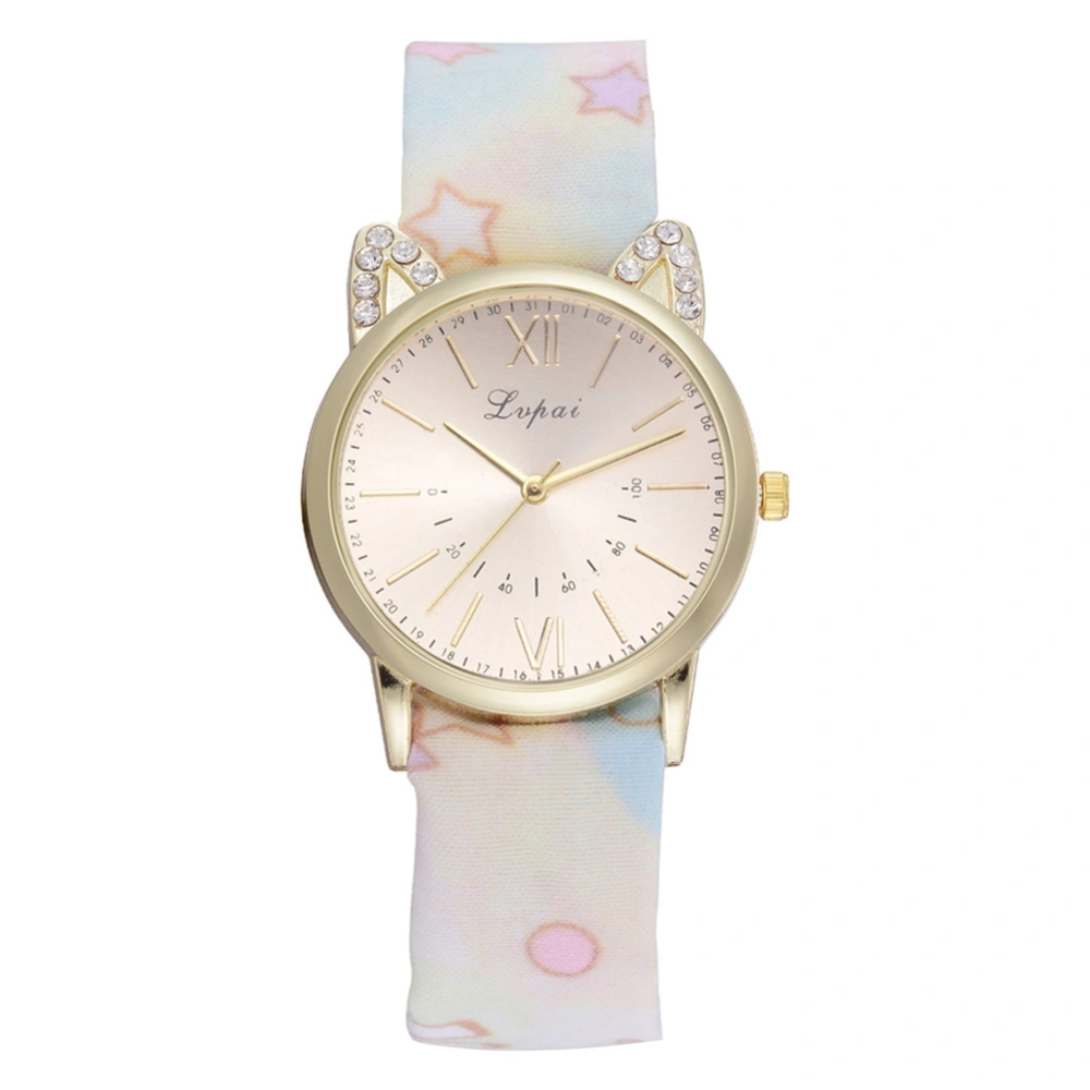 LVPAI Cloth Strap Floral Print Band Quartz Watch Cute Dial Pattern Female Watch (White)