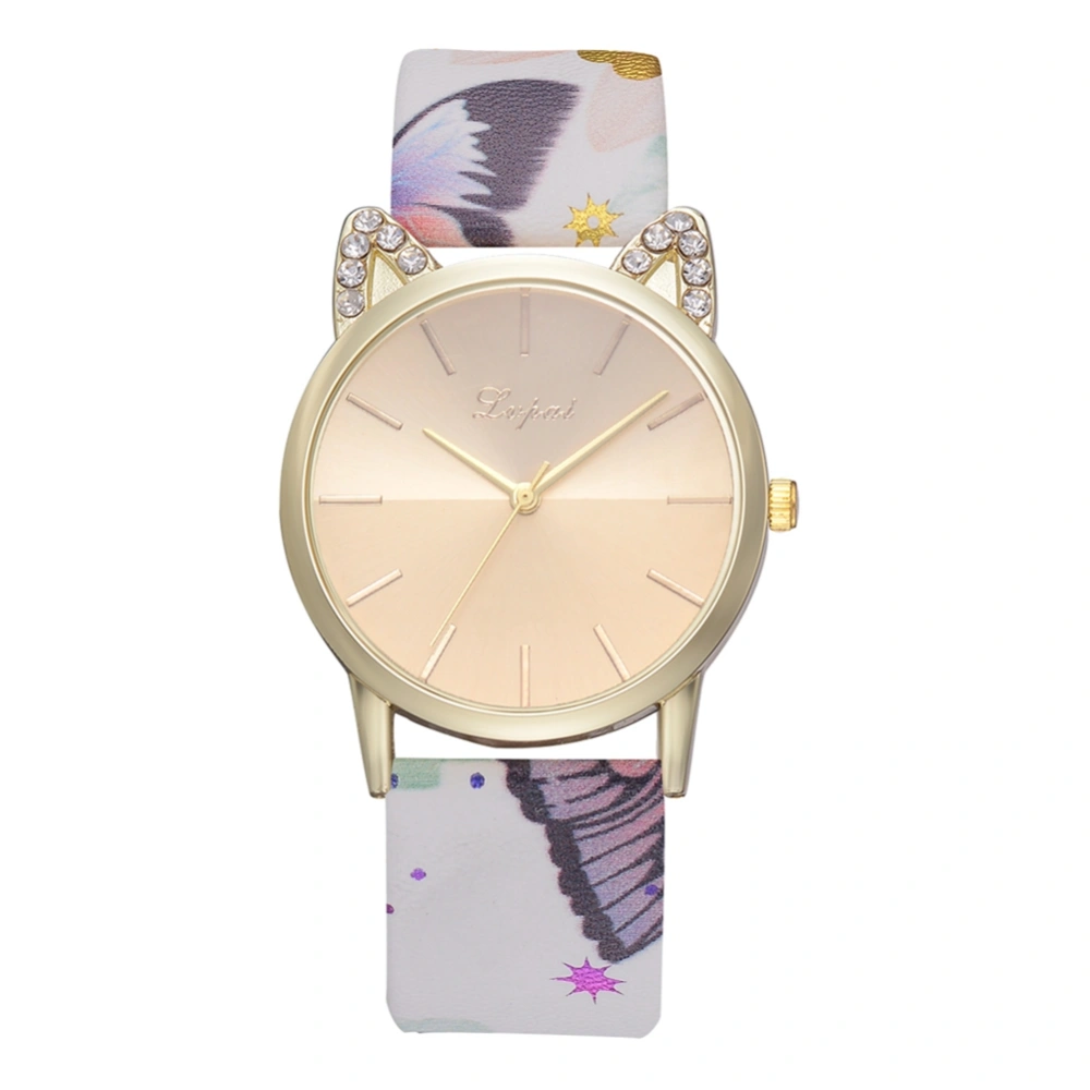 LVPAI P801 Women Cartoon Print PU Strap Alloy Quartz Watch Cat Ears Wristwatch (4#)