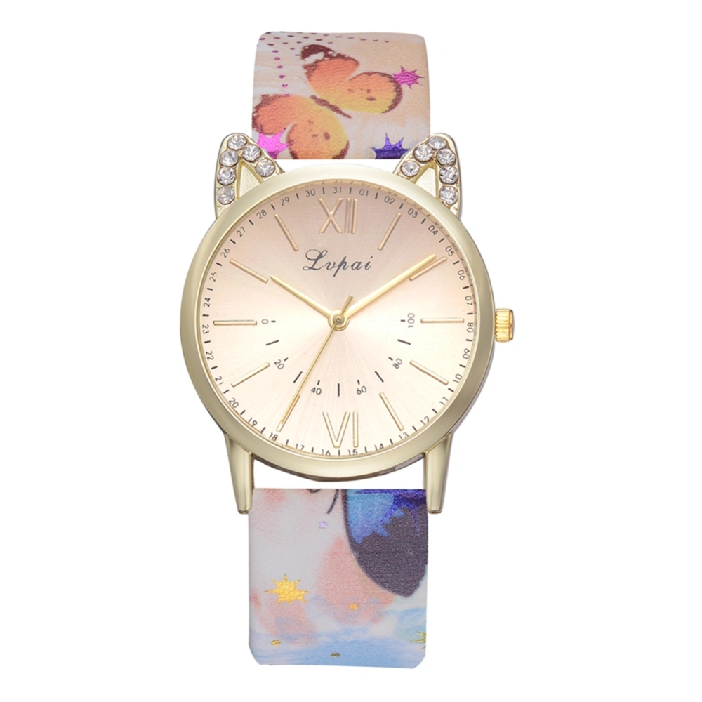 LVPAI Floral Print PU Leather Band Quartz Watch Roman Numeral Dial Female Watch (#3)