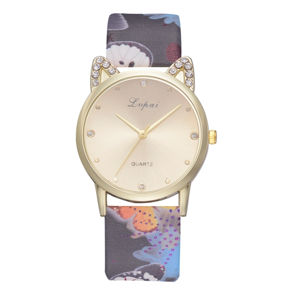 LVPAI Women Cat Ear Pattern Watch Round Dial Analog Fashion Leisure Quartz Wristwatch(#1)