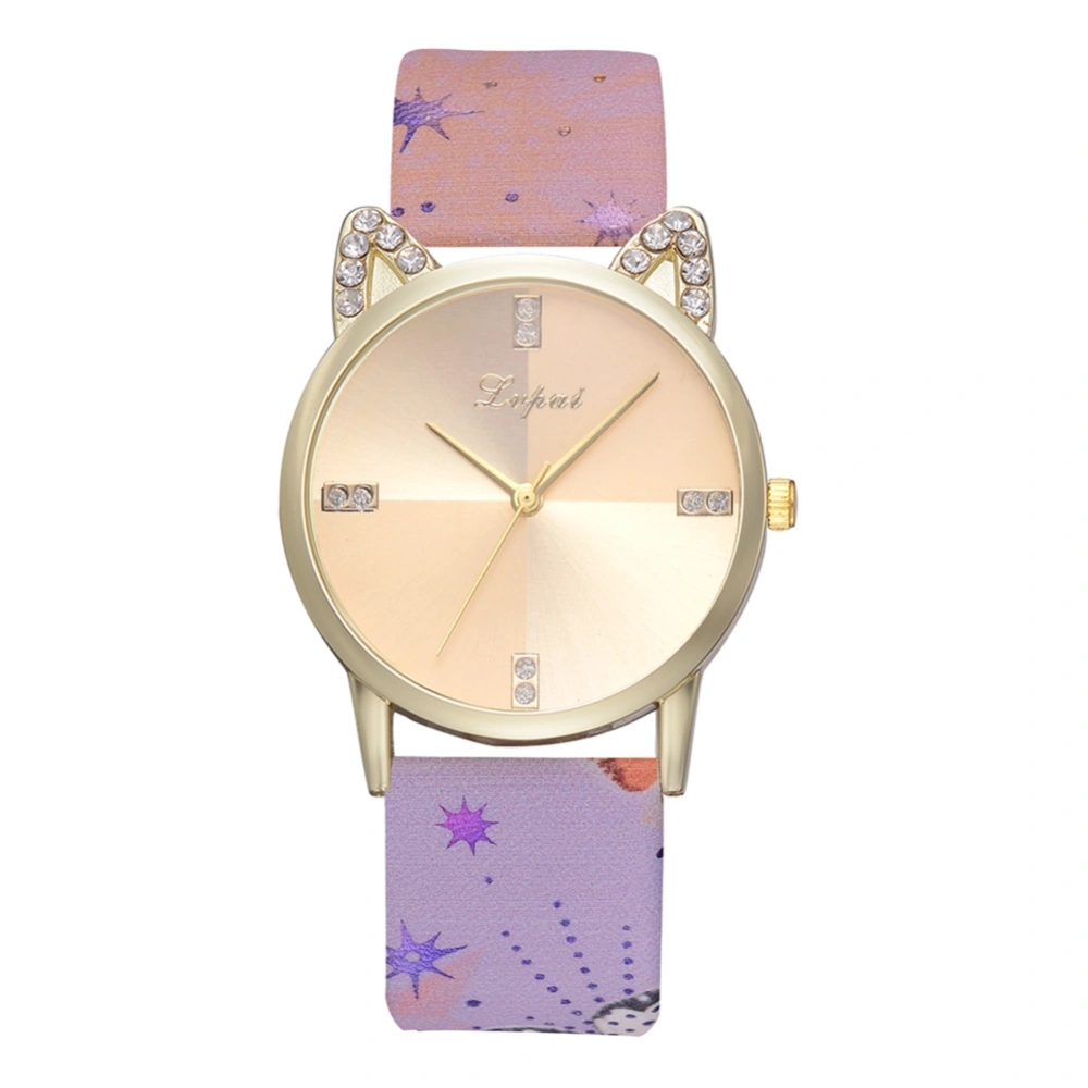 LVPAI Women Kitty Ear Pattern Watch Round Dial Analog Fashion Leisure Quartz Wristwatch(#2)