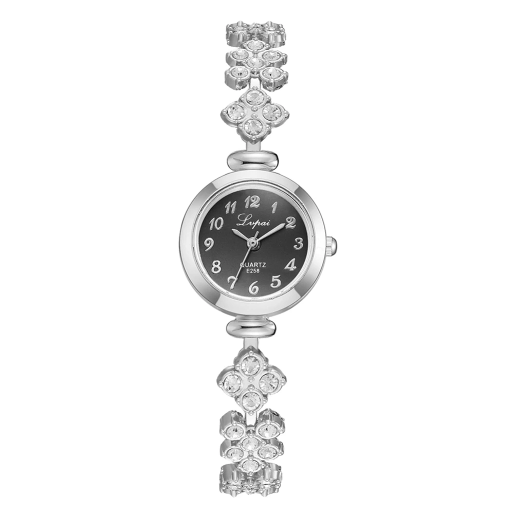 LVPAI Fashionable Rhinestone Chain Watch Round Dial Women Quartz Wristwatch Silver&Black