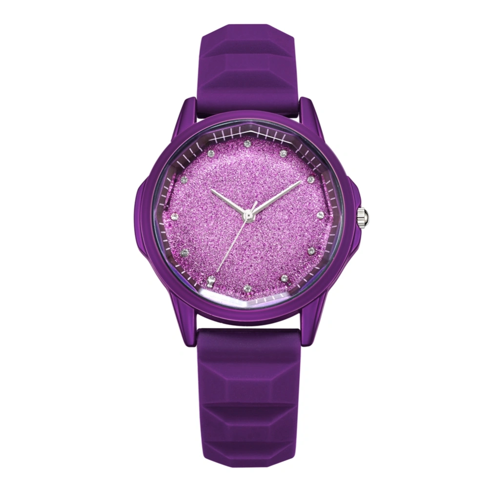 Fashion Round Dial Rhinestone Quartz Watch Silicone Strap Women Wristwatch Purple