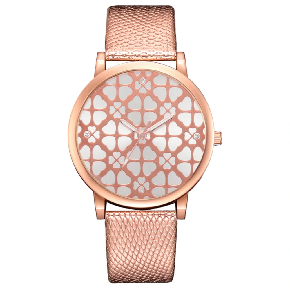 Women Fake Crocodile PU Strap Alloy Quartz Watch Wristwatch with Rhinestone (Rose Gold)