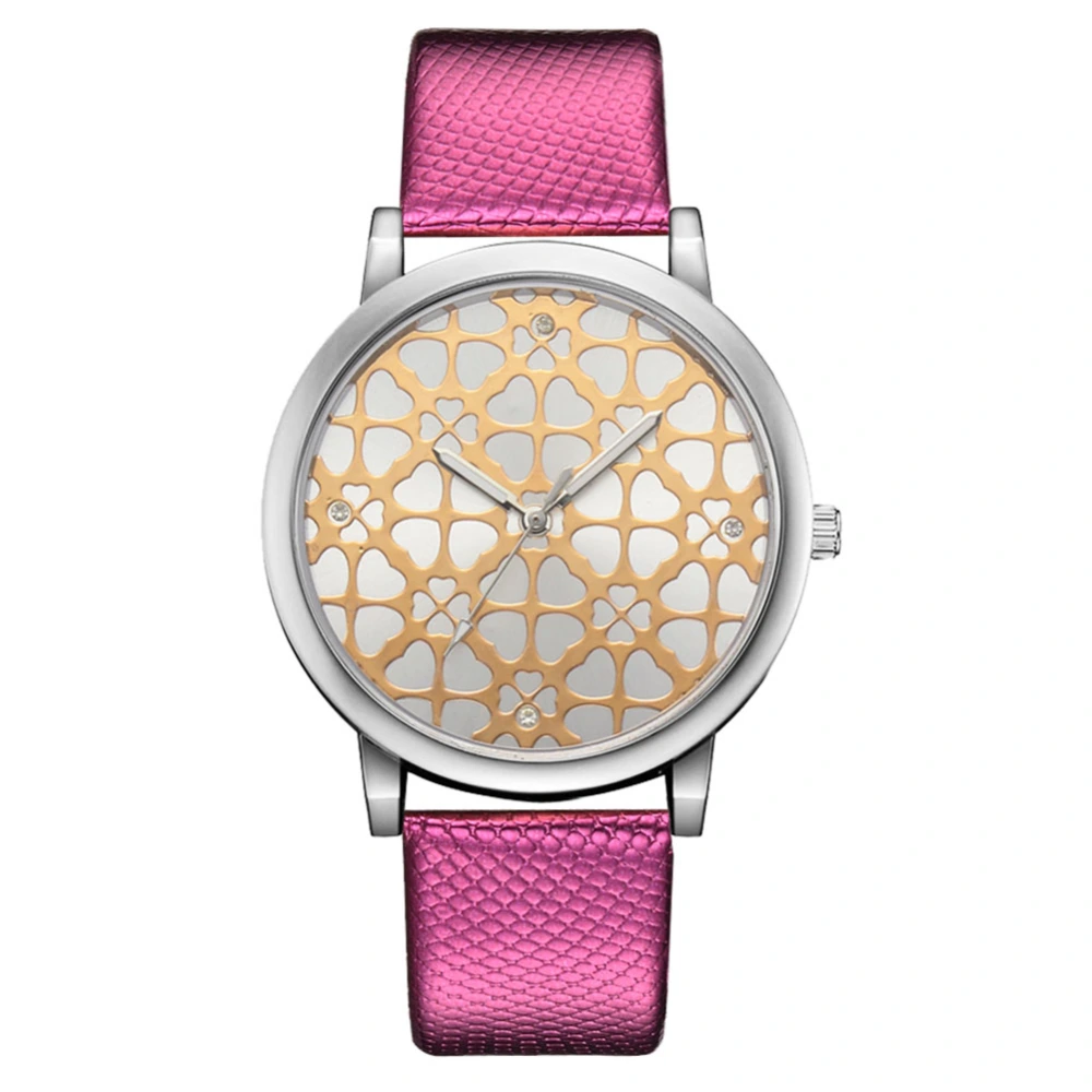 Women Business PU Strap Alloy Quartz Watch Round Dial Wristwatch (Rose Red)