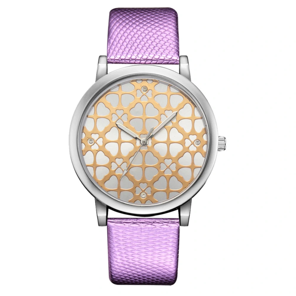 Women Business PU Strap Alloy Quartz Watch Round Dial Wristwatch (Purple)