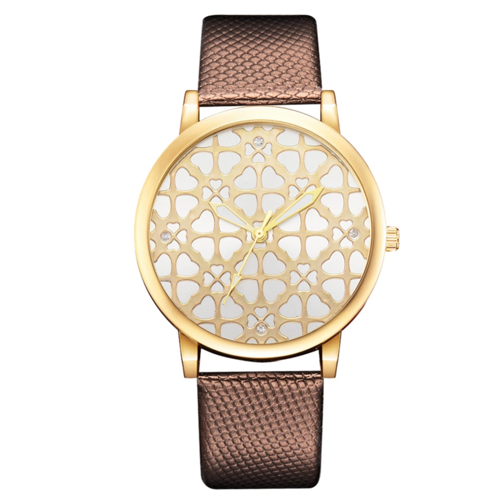 Fashionable Dial Design Quartz Watch PU Leather Strap Women Casual Wristwatch Brown