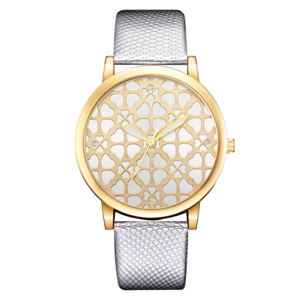 Fashionable Dial Design Quartz Watch PU Leather Strap Women Casual Wristwatch Silver