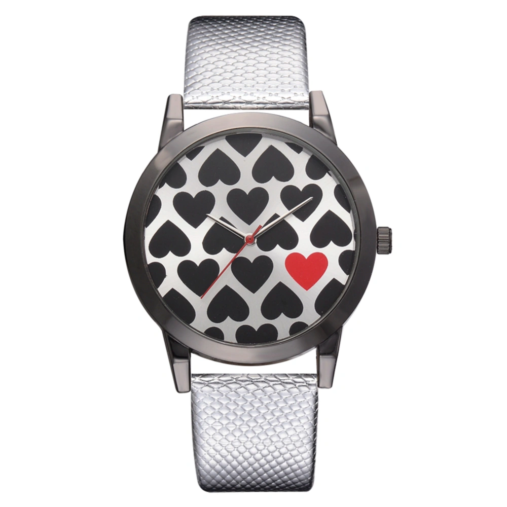 Fashionable Analog Display Heart Pattern Quartz Watch PU Strap Women Wristwatch Silver