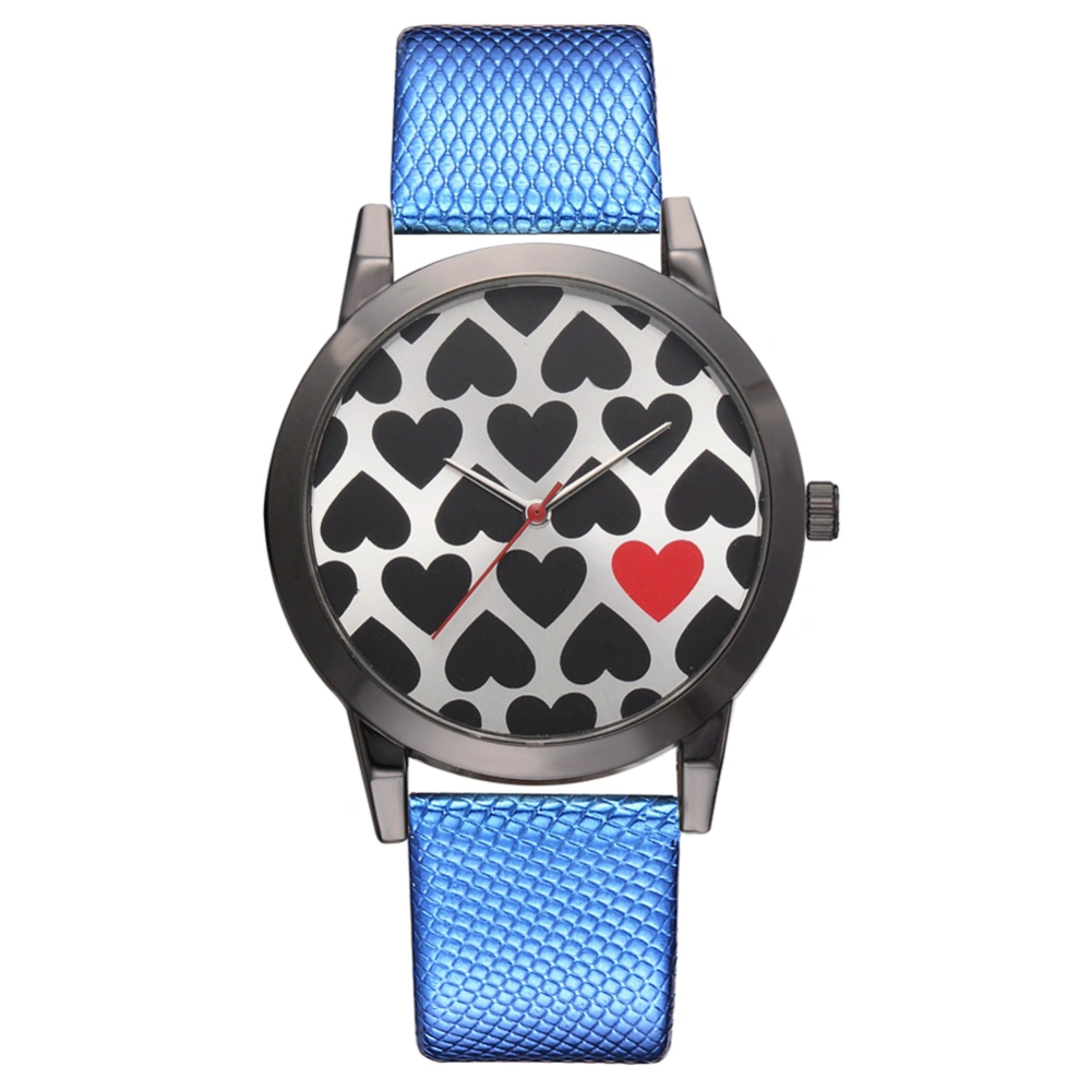 Fashionable Analog Display Heart Pattern Quartz Watch PU Strap Women Wristwatch Blue