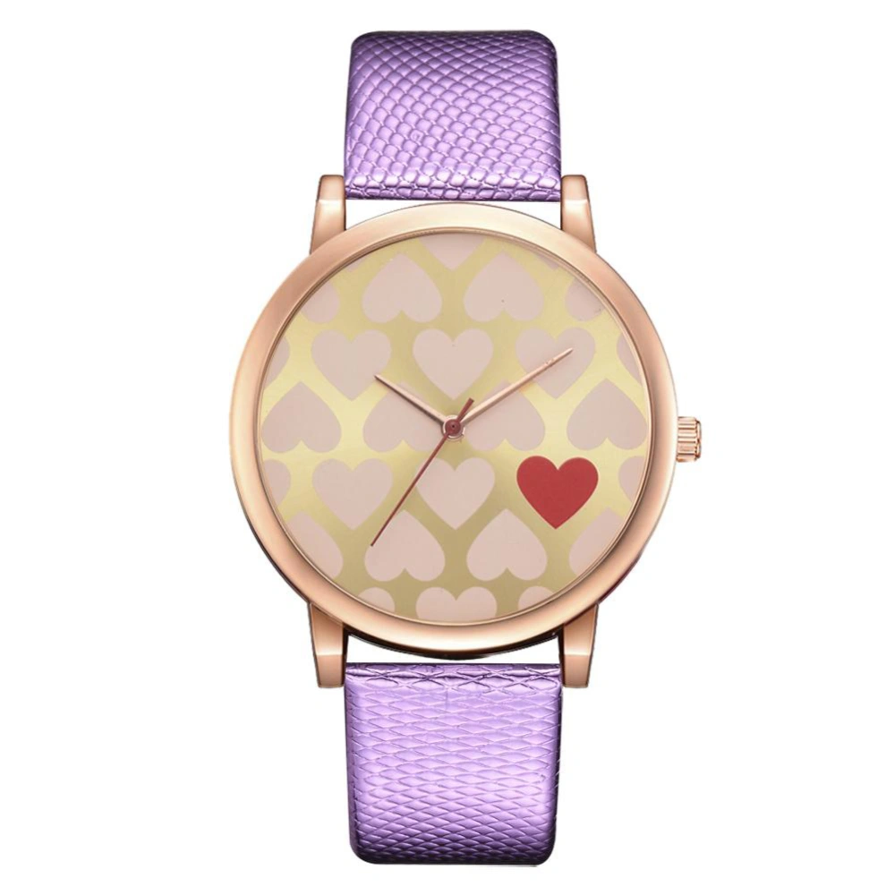 Fashion Casual Women Round Dial Loving Heart Dial PU Leather Quartz Watch Purple