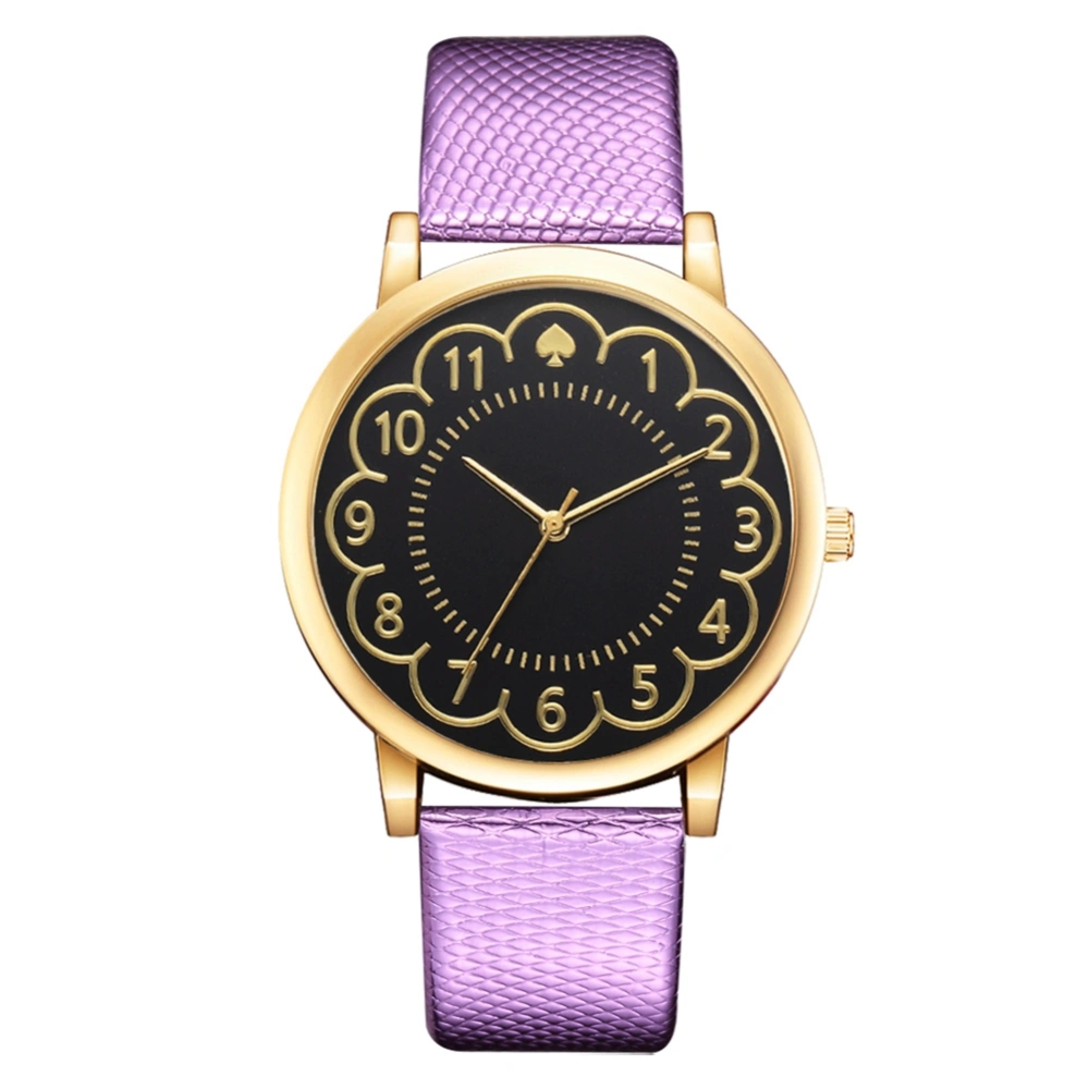 Fashionable Vintage Dial Design Quartz Watch PU Strap Women Casual Wristwatch Purple