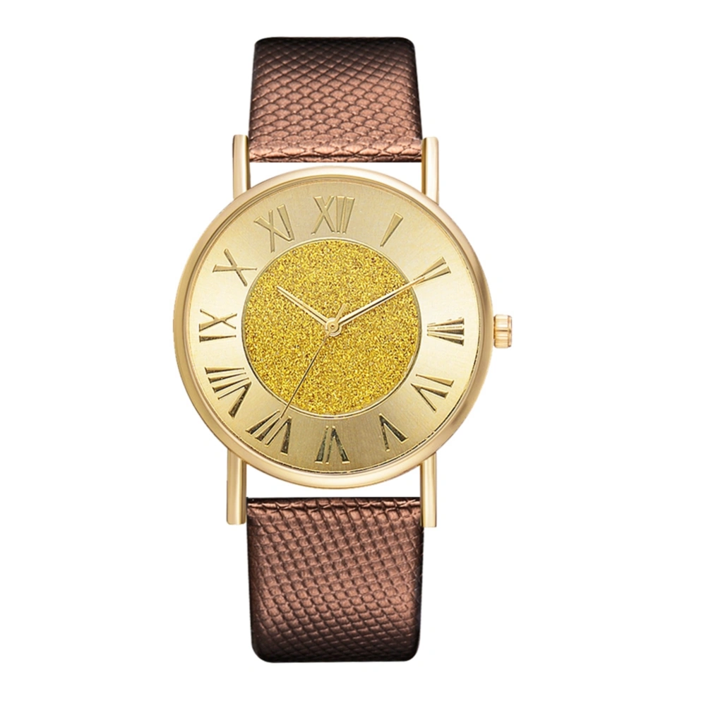 Fashion Casual Women Round Dial Shimmering Powder Dial PU Leather Quartz Watch Brown