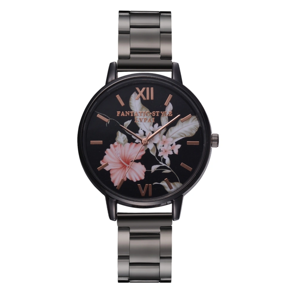 LVPAI Round Dial Flower Pattern Quartz Watch Steel Strap Wristwatch