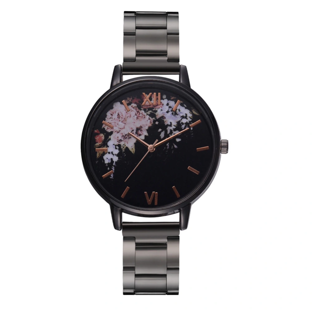 FanTeeDa Women Floral Dial Alloy Stainless Steel Strap Quartz Watch Analog Wristwatch