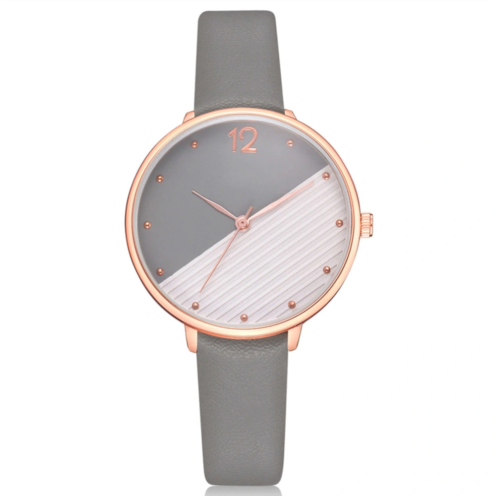 DISU Casual Style Women Watch Round Dial PU Strap Analog Display Quartz Wristwatch (Grey)