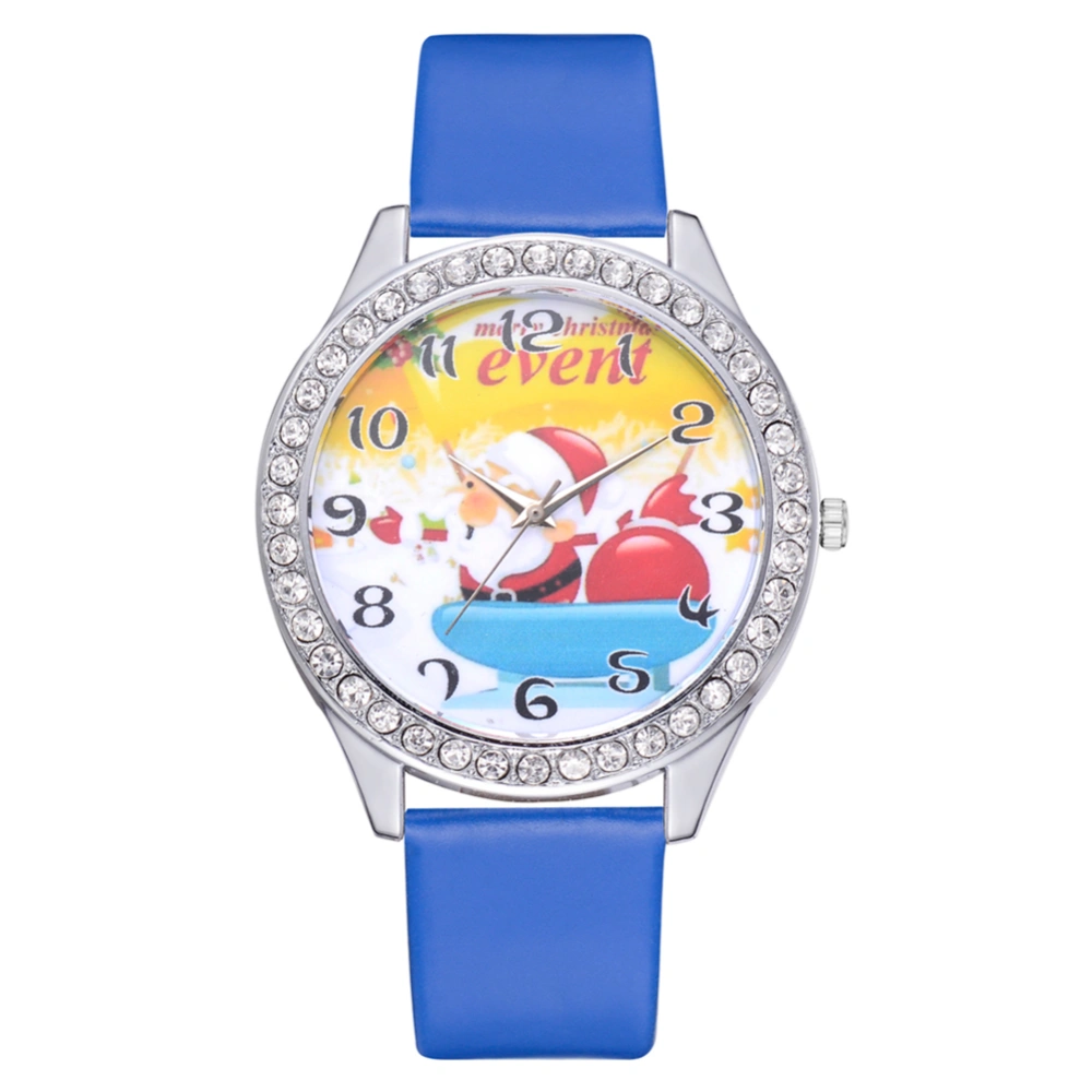 Cute Christmas Pattern Casual Analog Display PU Strap Quartz Women Watch Gift(Blue)