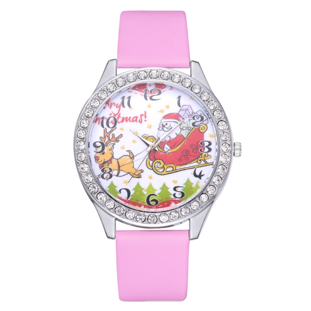 Unisex Cute Christmas Pattern Casual Analog Display PU Strap Quartz Watch Gift(Pink)