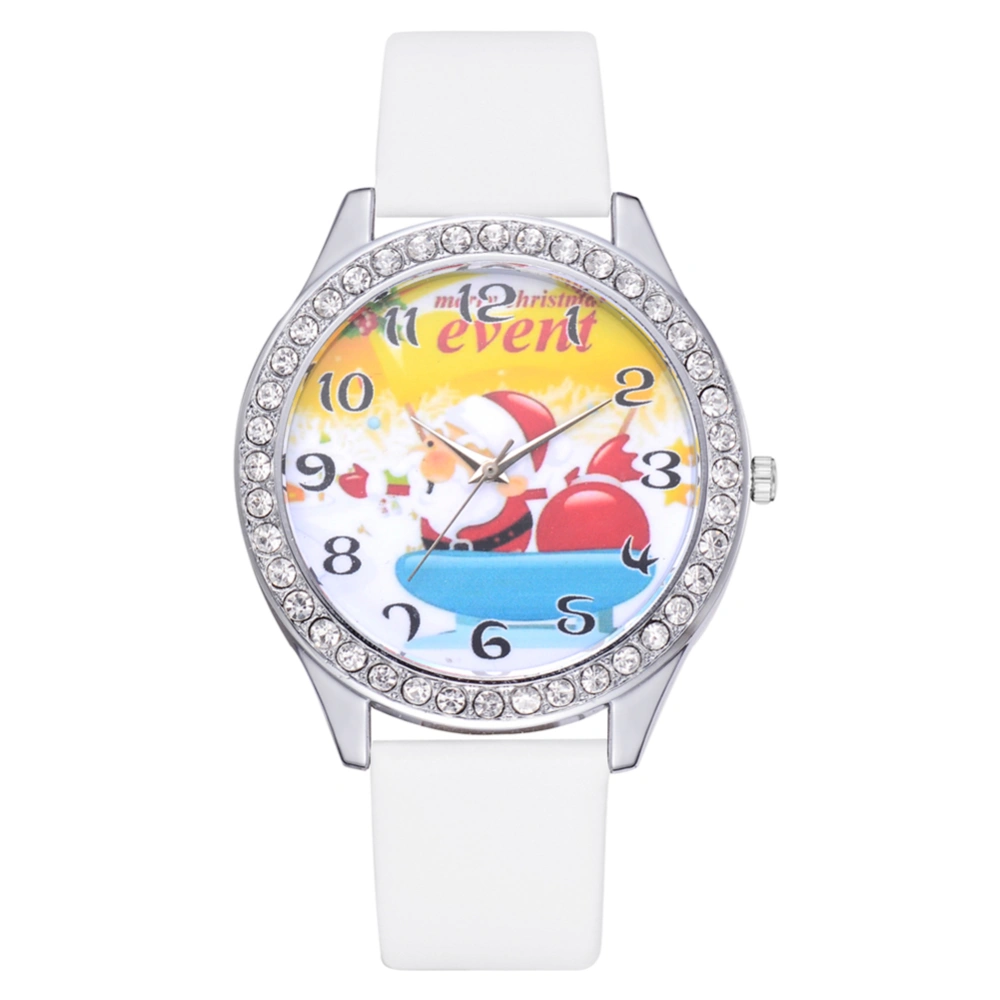 Cute Christmas Pattern Casual Analog Display PU Strap Quartz Women Watch Gift(White)