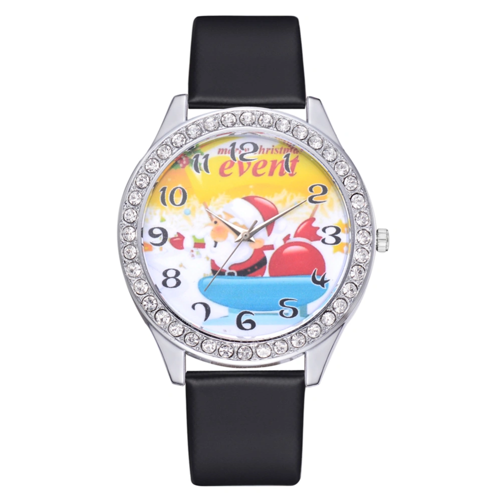 Cute Christmas Pattern Casual Analog Display PU Strap Quartz Women Watch Gift(Black)