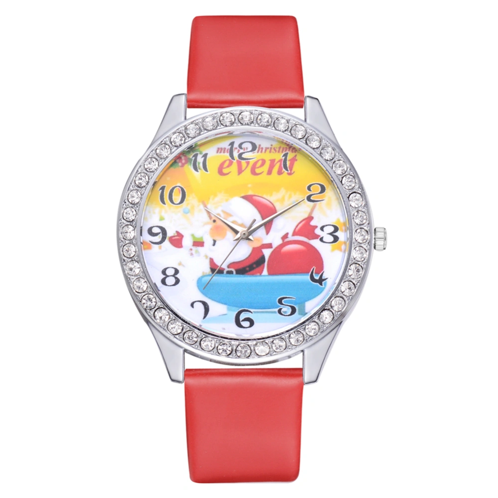 Cute Christmas Pattern Casual Analog Display PU Strap Quartz Women Watch Gift(Red)