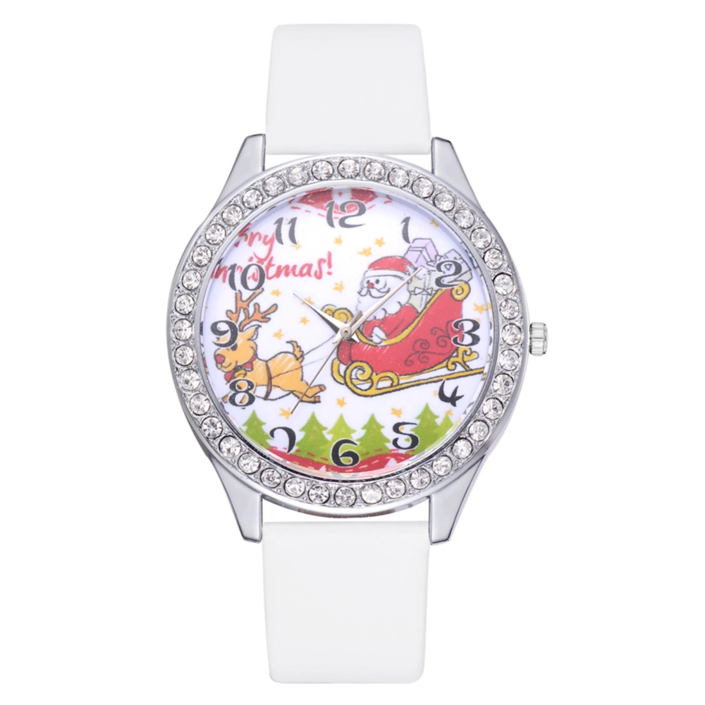 Unisex Cute Christmas Pattern Casual Analog Display PU Strap Quartz Watch Gift(White)