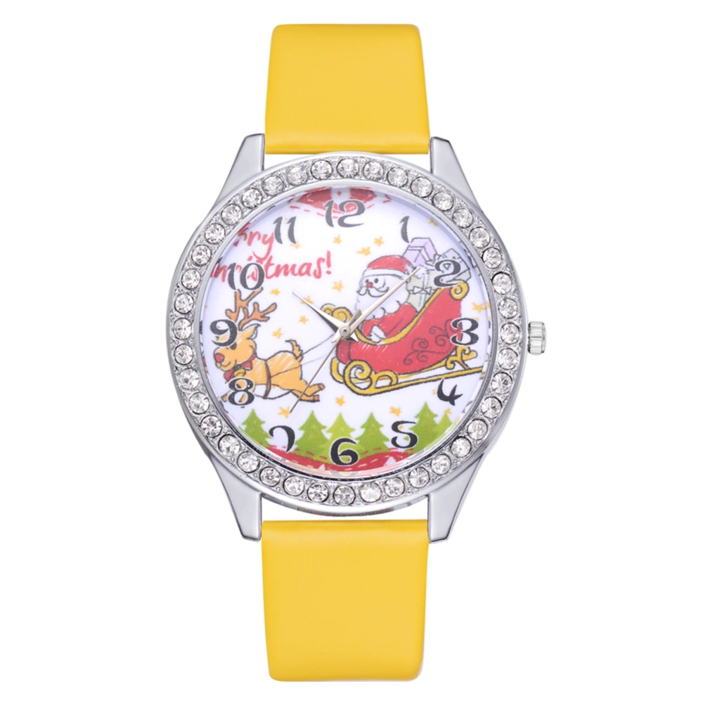 Unisex Cute Christmas Pattern Casual Analog Display PU Strap Quartz Watch Gift(Yellow)