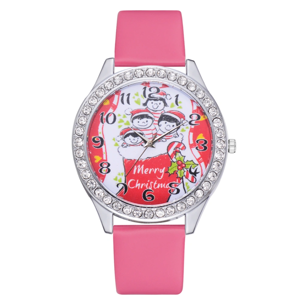 Unisex Cute Christmas Pattern Casual Analog Display PU Strap Quartz Watch Gift(Rose Red)