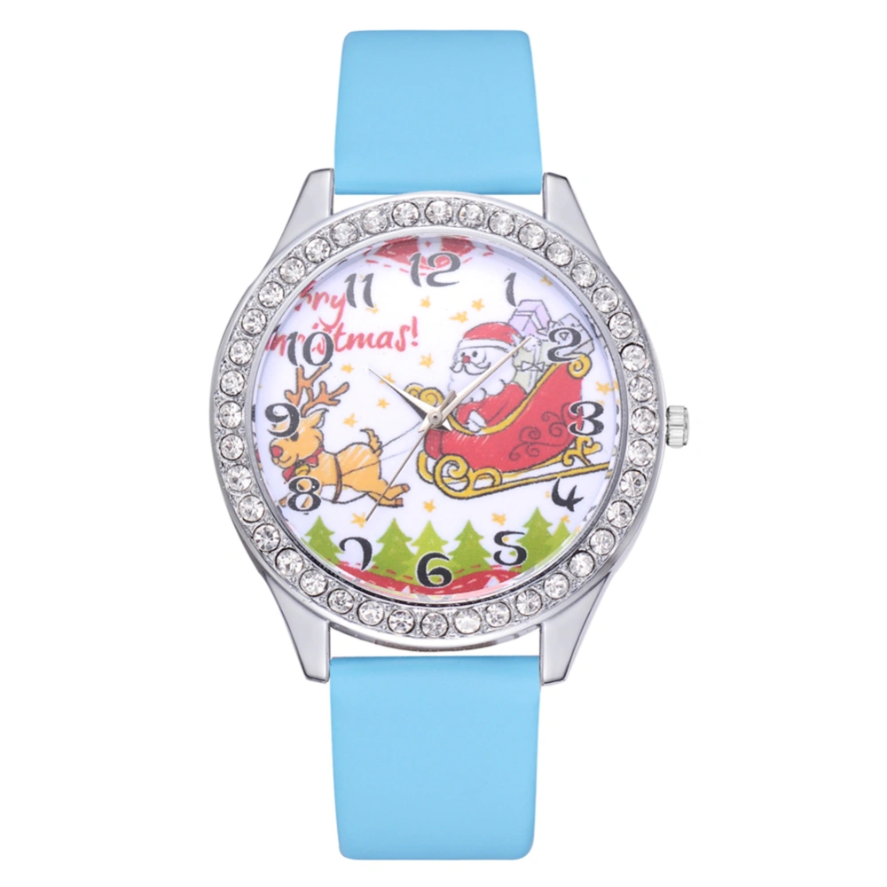 Unisex Cute Christmas Pattern Casual Analog Display PU Strap Quartz Watch Gift(Sky Blue)