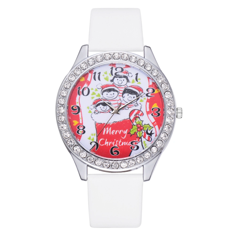 Unisex Cute Christmas Pattern Casual Analog Display PU Strap Quartz Watch Gift(White)