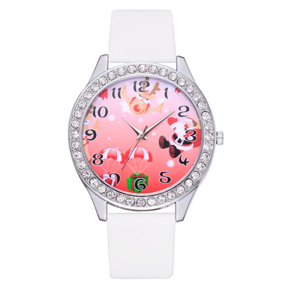 Cute Christmas Pattern Casual Analog Display PU Strap Quartz Women Watch Gift(White)