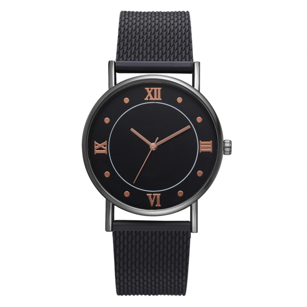 Fan TeeDa Roman Number Dial Quartz Alloy Mesh Belt Strap Silicone Female Watch(Black Rose Gold)