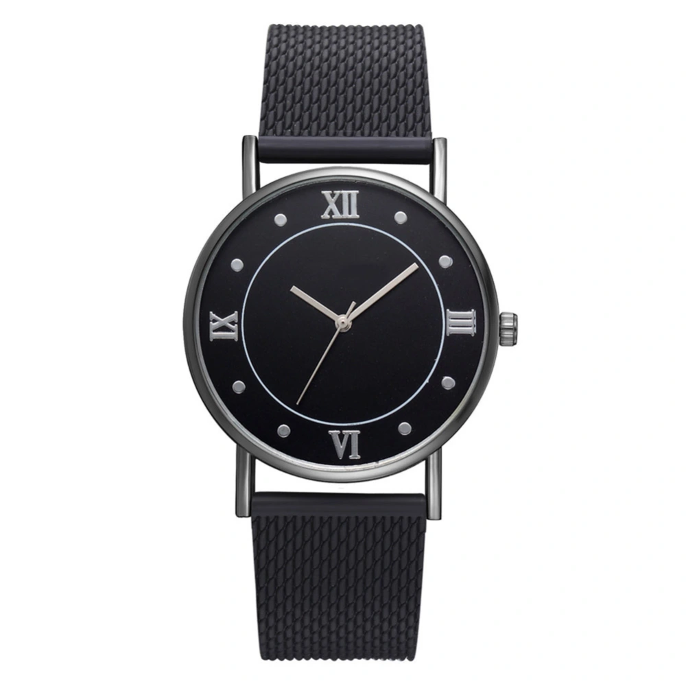 Fan TeeDa Roman Number Dial Quartz Watch Alloy Mesh Belt Strap Silicone Female Watch (Black)