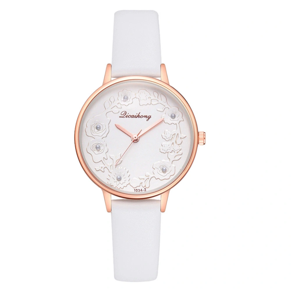 Faux Pearl Quartz Solid Color Floral Print Dial Pattern PU Leather Strap Female Watch (White)