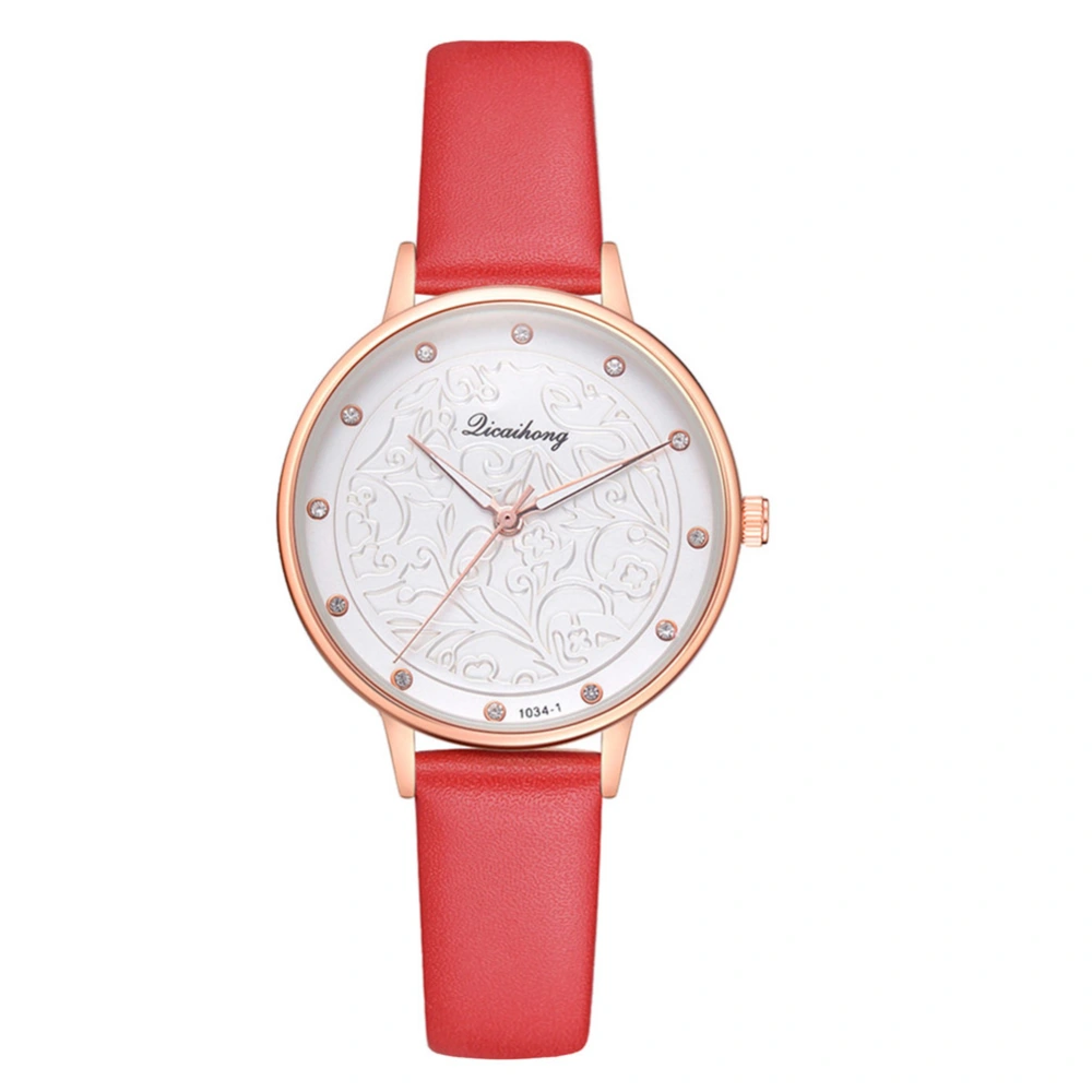 Rhinestone Quartz Solid Color Floral Print Dial Pattern PU Leather Strap Female Watch (Black)